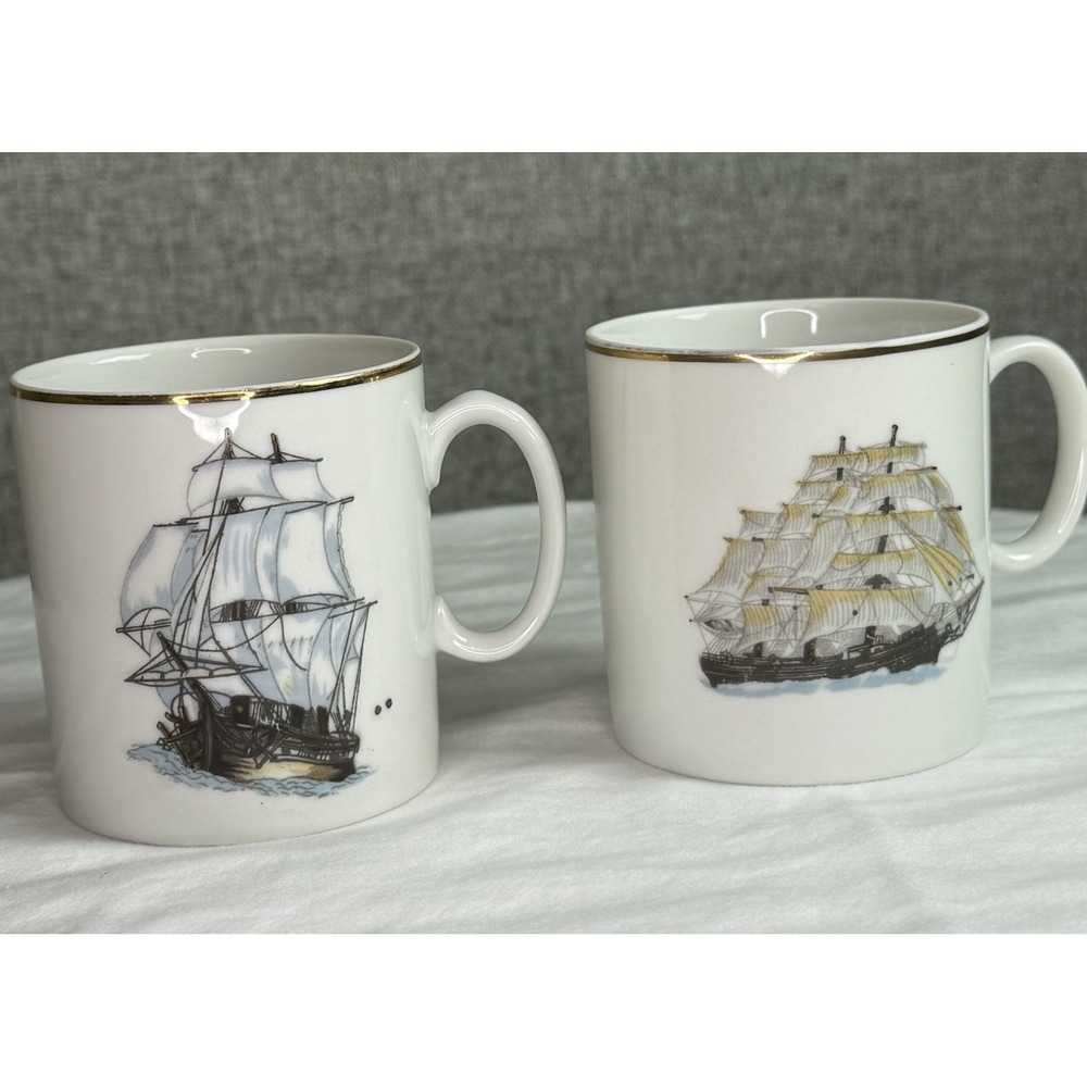 SET OF 2- Vintage Coffee Mug Cup Nautical‎ Clipper Ship Sailing Ocean Made Japan